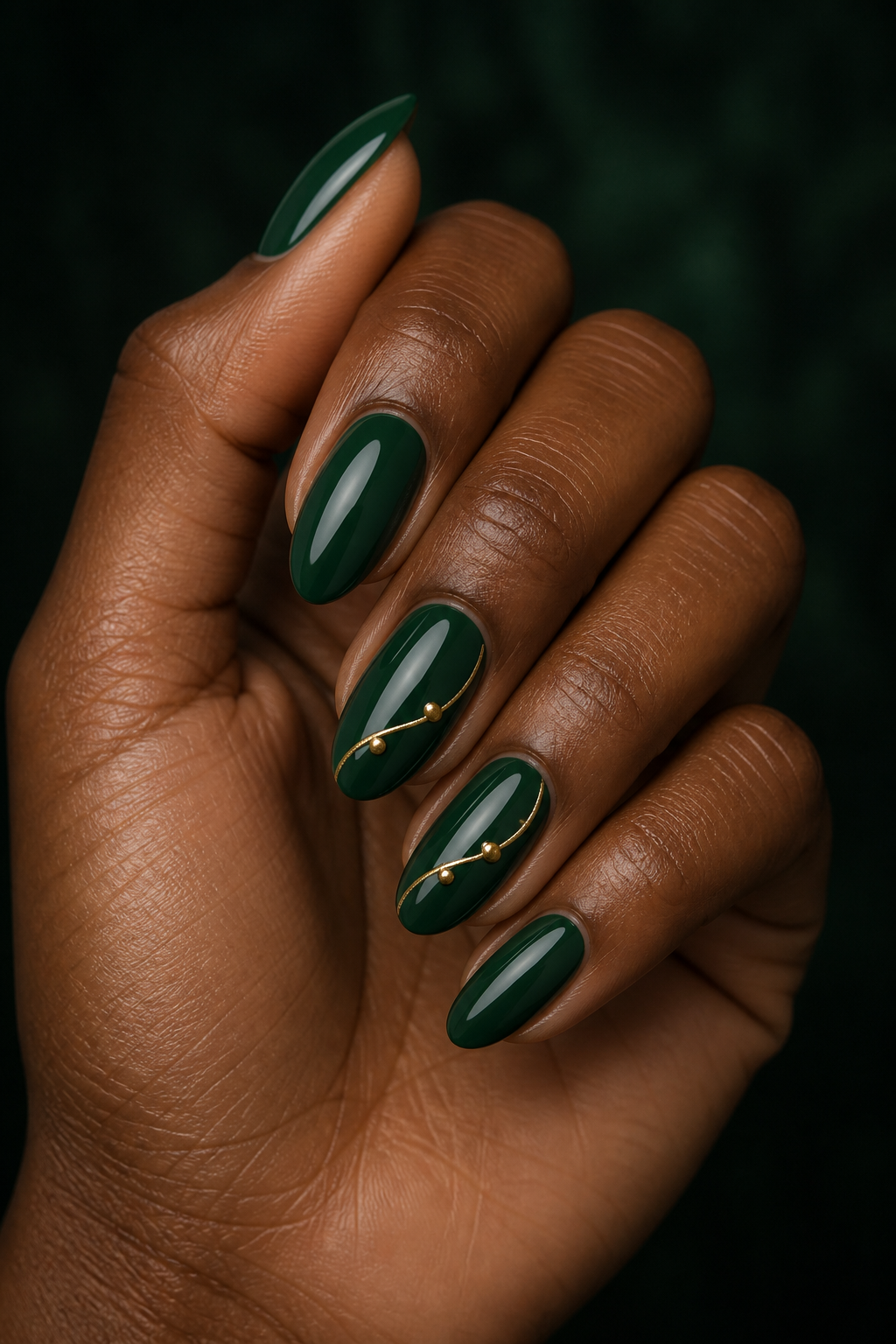 Evergreen Christmas nails with fine gold garland curves.