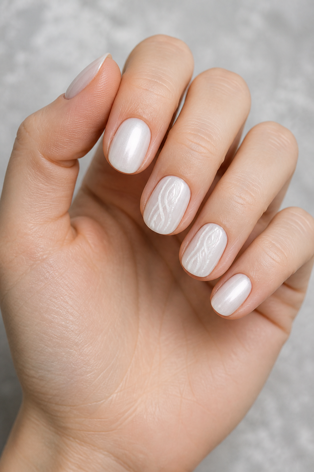 Winter white pearl Christmas nails with subtle knit texture.
