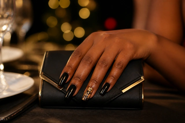 Black Christmas nails with a refined gold accent