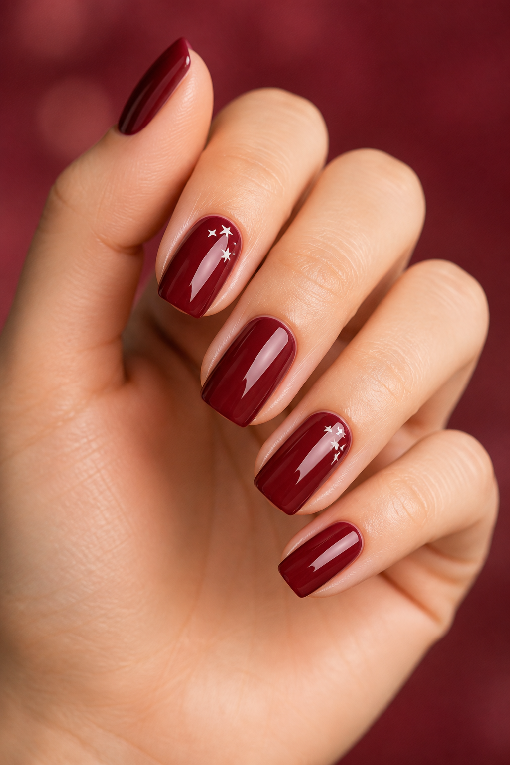 Cranberry square Christmas nails with tiny white star details.