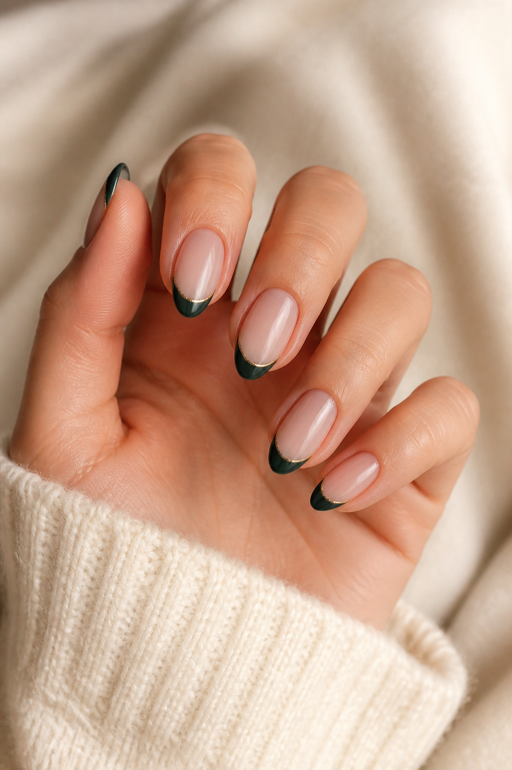 Five-finger emerald French Christmas nails with a delicate gold pinstripe.