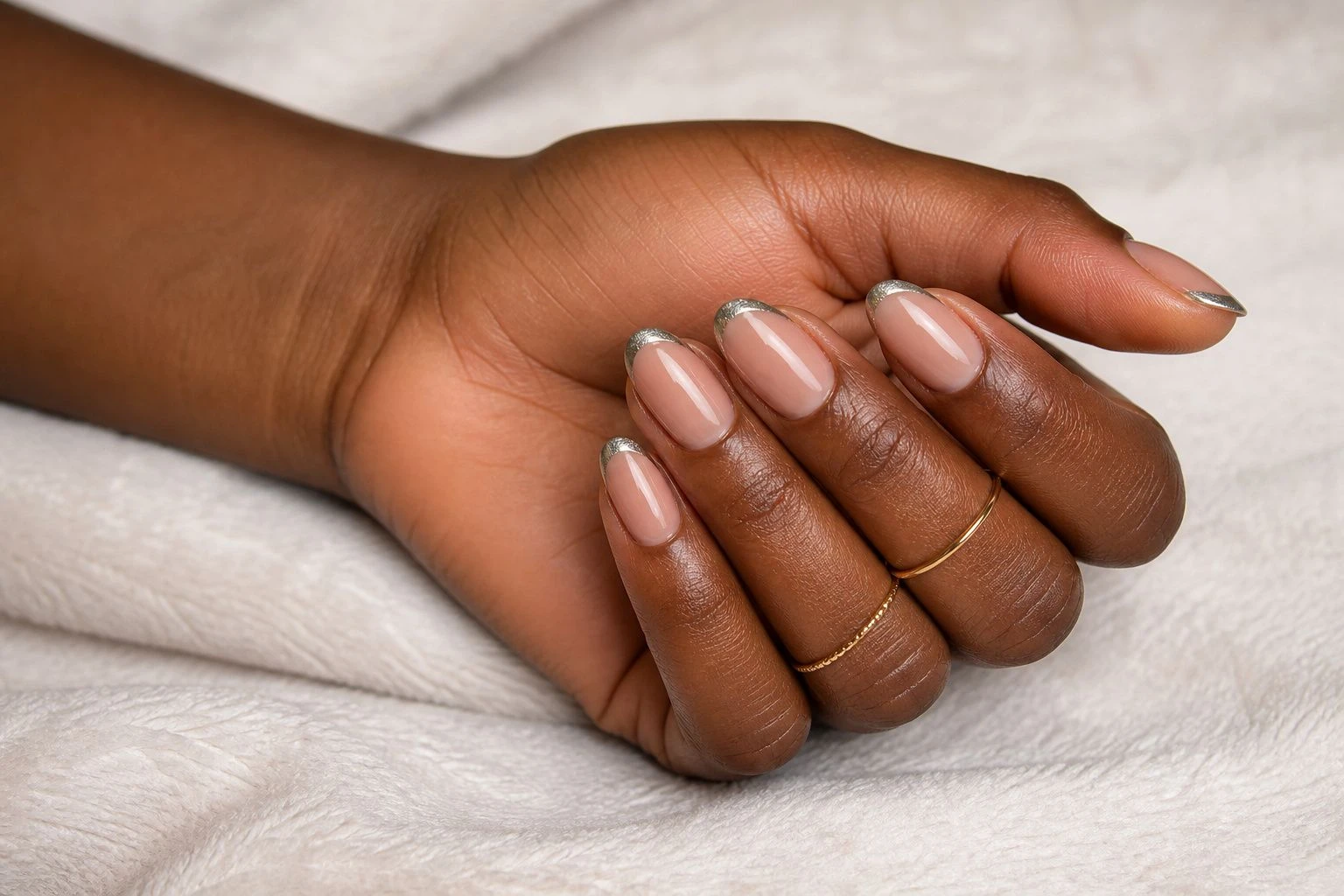 Silver Chrome Micro French white Christmas nails