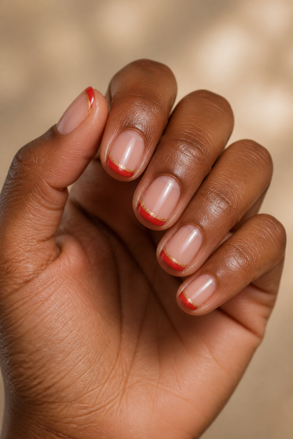 Short red French Christmas nails with a fine gold glitter underline.