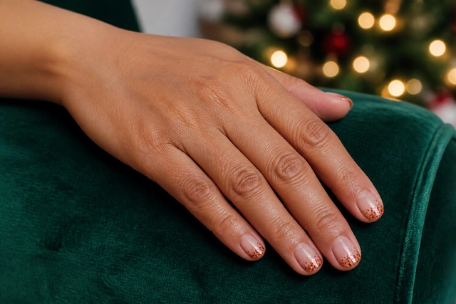 Red With Gold Glitter Tips easy Christmas nail design