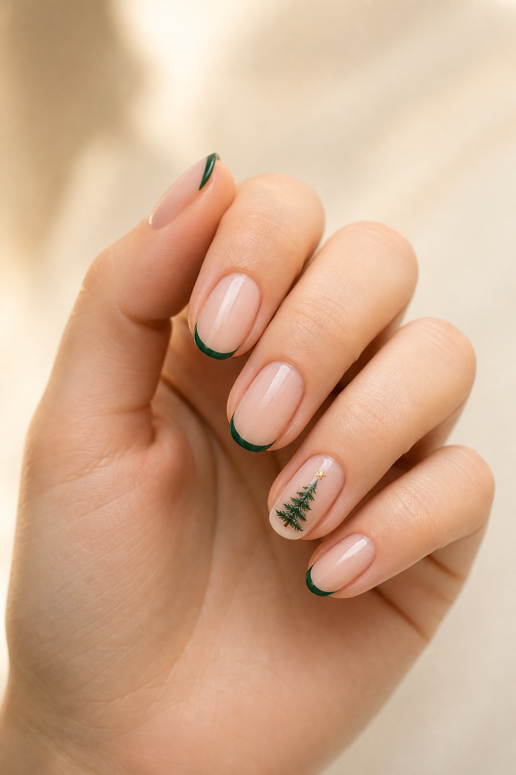Nude Christmas nails with an elegant forest green tree accent.