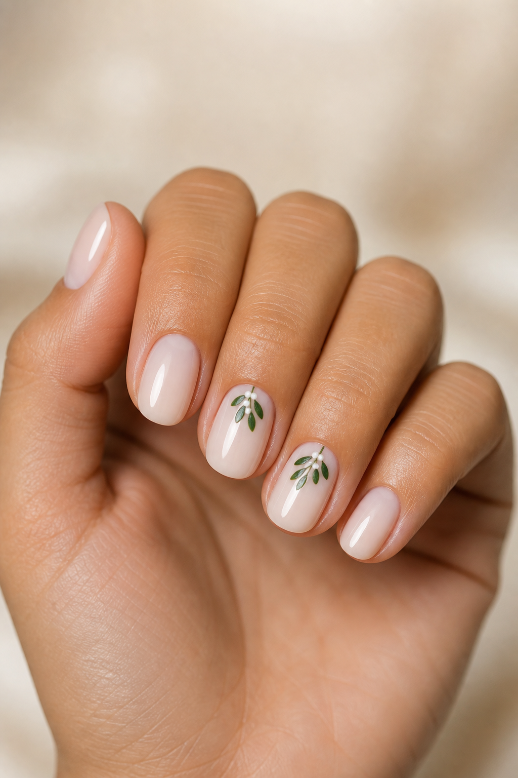 Milky nude Christmas nails with delicate mistletoe micro-art.