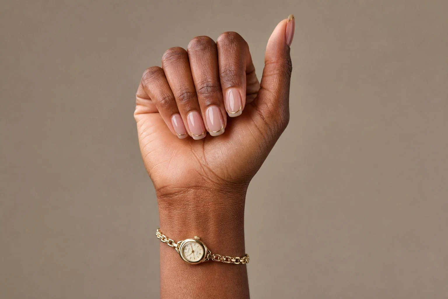 Short nude square nails with a fine gold line and a slim gold watch, curled finger pose