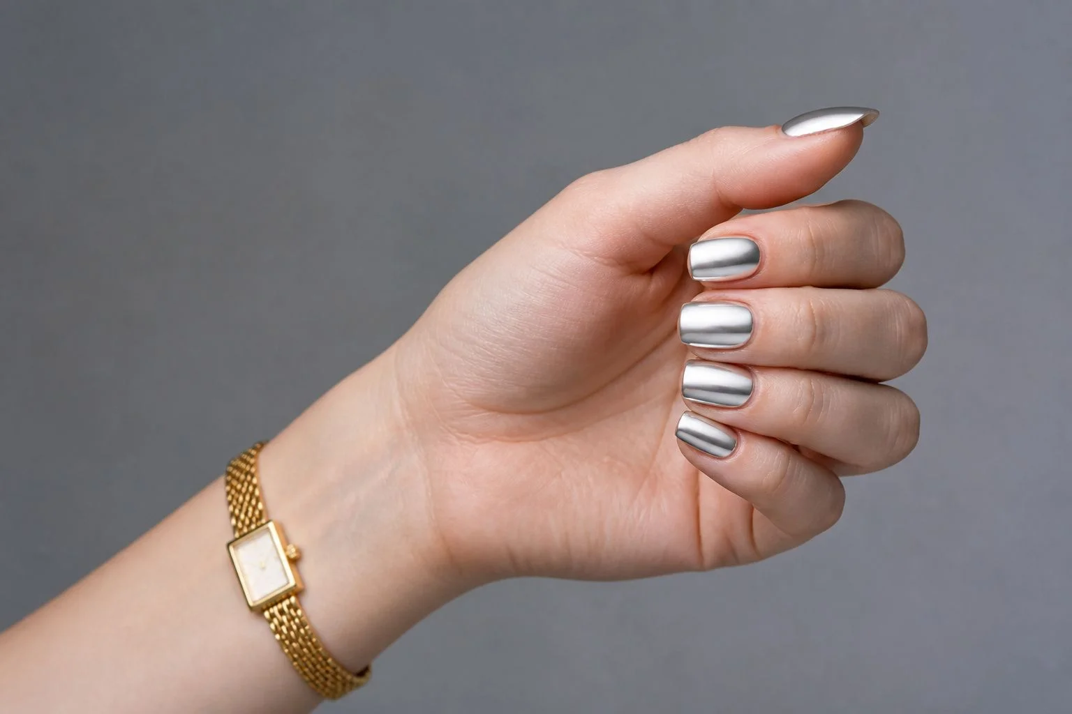 Silver chrome mirror square Christmas nails with a slim gold watch, side profile pose