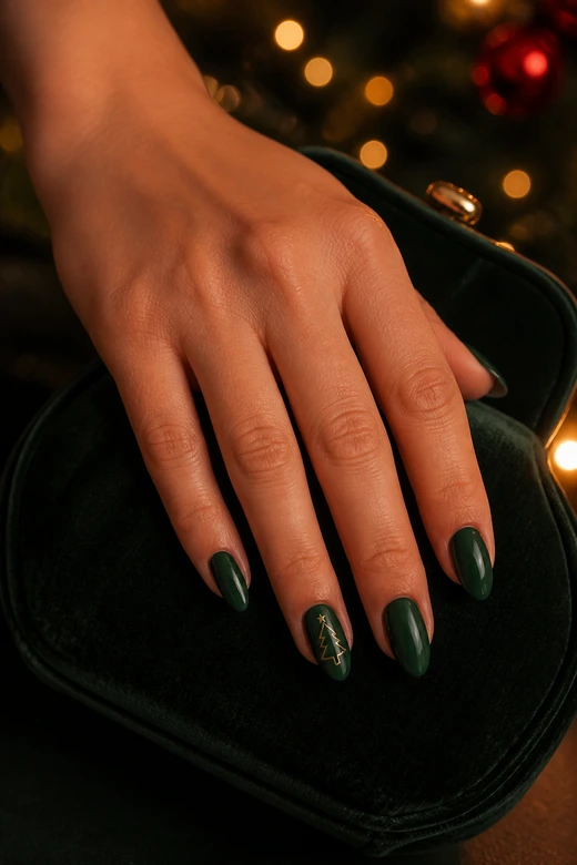 Emerald Tree With Gold Christmas nail art