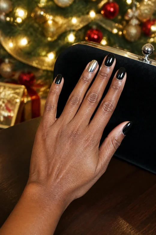 Black With Silver Chrome Accent Christmas nails