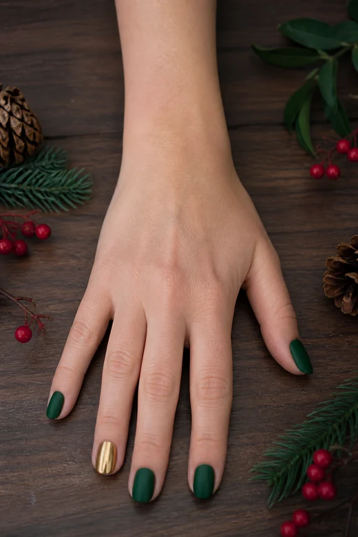 Matte Green With Gold Chrome Accent Christmas nails