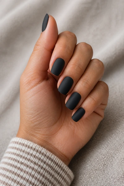 Soft black squoval nails on a medium skin tone hand in a softly curled pose with visible wrist and short partial forearm, natural daylight