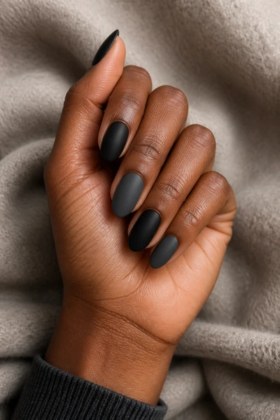 Black and charcoal matte nails on a rich dark brown skin tone hand in a lightly crossed pose with visible wrist and short partial forearm, natural daylight