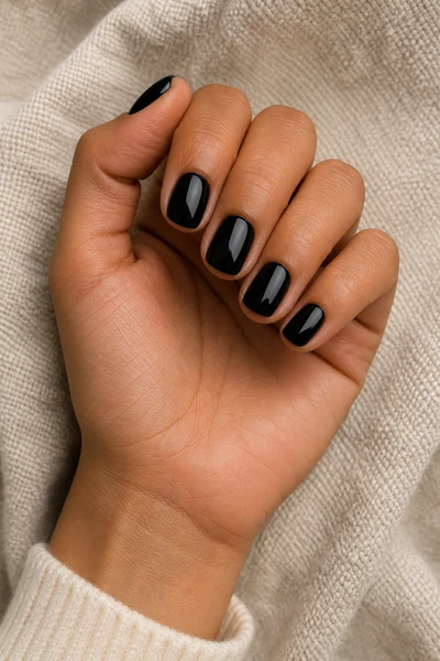 Short glossy black rounded square nails on a tan skin tone hand in a relaxed knuckle angle with visible wrist and short partial forearm, natural daylight