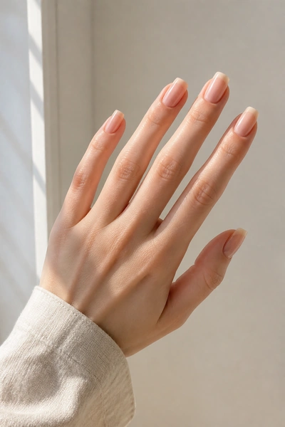 Glossy nude duck nails on a fair skin tone hand in a relaxed diagonal fan pose with visible wrist and short partial forearm, natural daylight