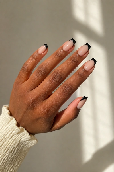 Black French tip duck nails on a deep brown skin tone hand in a relaxed side angle with visible wrist and short partial forearm, natural daylight