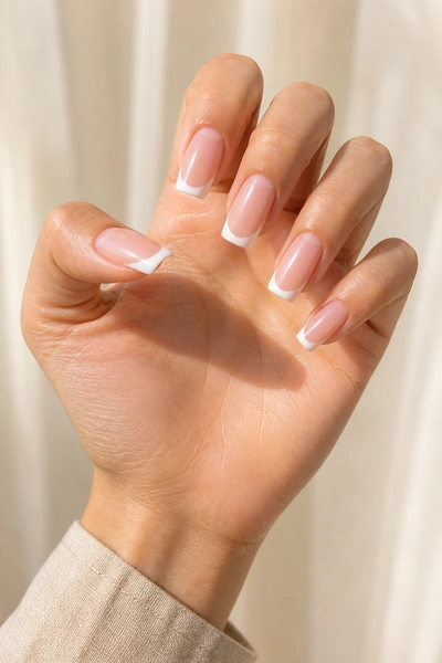 White French tip duck nails on a light olive skin tone hand in an open palm angle with visible wrist and short partial forearm, natural daylight