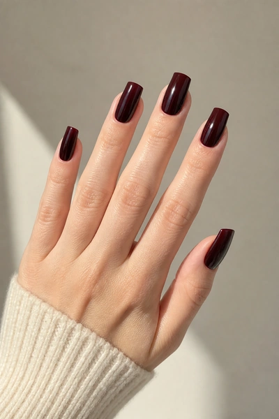 Glossy black cherry duck nails on a fair skin tone hand in a relaxed open fan pose with visible wrist and short partial forearm, natural daylight