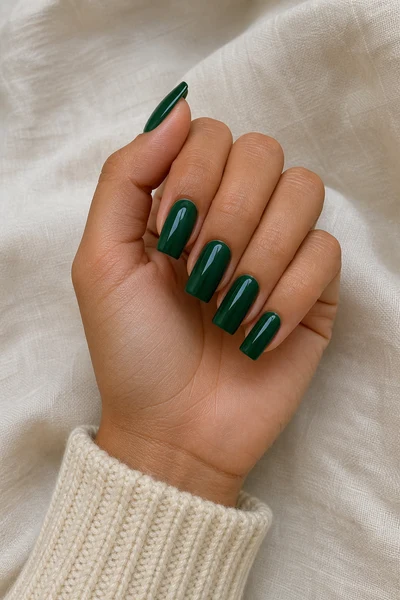 Deep emerald glossy medium duck nails on a medium olive skin tone hand in a softly curled pose with ivory knit cuff, visible wrist and short partial forearm, natural daylight