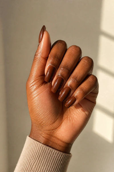 Chocolate brown duck nails on a deep brown skin tone hand in a relaxed knuckle angle with visible wrist and short partial forearm, natural daylight