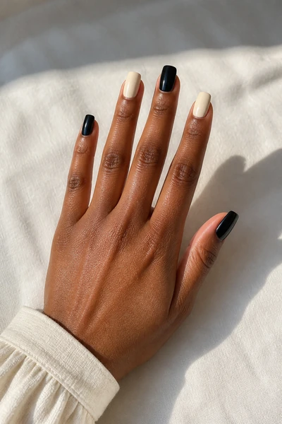 Alternating cream and black duck nails on a medium deep skin tone hand in a palm-down three-quarter pose with visible wrist and short partial forearm, natural daylight