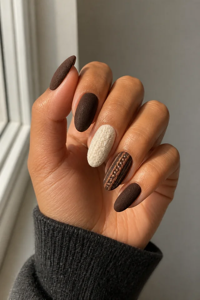 Espresso brown, creamy oat, and copper fuzzy sweater nails on long oval nails with a side-angled pose, tan skin, and a charcoal sleeve in natural daylight