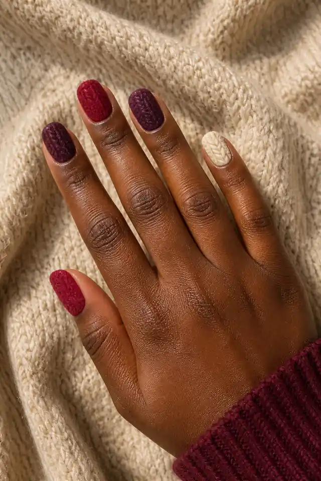 Cranberry red, deep plum, and oatmeal fuzzy sweater nails on short squoval nails with a palm-down pose, rich dark brown skin, and a burgundy cuff in natural daylight