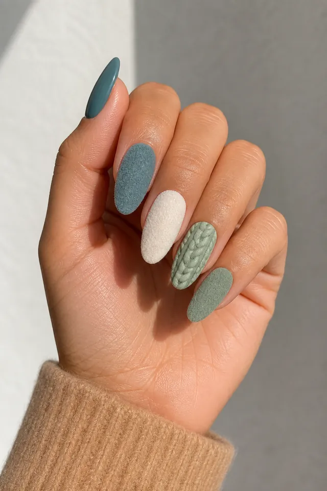 Muted teal, soft cream, and sage fuzzy sweater nails on long almond nails with softly curled fingers, medium tan skin, and a camel cuff in natural daylight