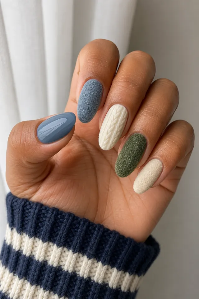 Dusty blue, cream, and muted pine green fuzzy sweater nails on long oval nails with a fingertip-rest pose, medium brown skin, and a navy cream striped cuff in natural daylight