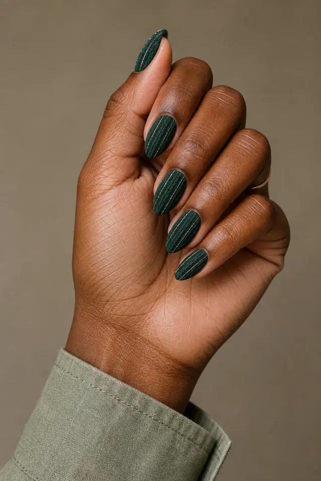 Forest green velvet sweater nails with antique gold lines on medium almond nails, deep brown skin, a thoughtful side pose, and a sage cuff in natural daylight