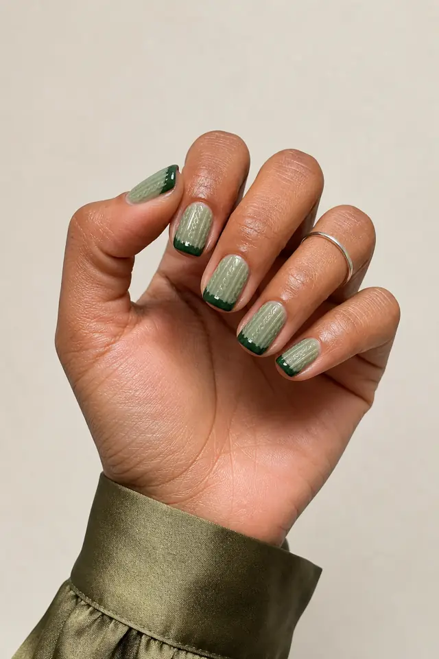 Hunter green French cable sweater tips on medium almond nails with a side-angled hand pose, medium brown skin, and an olive cuff in natural daylight