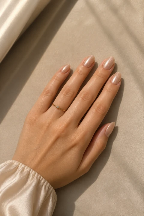 Pearl ivory chrome oval nails on one hand with light skin, a delicate ring, a satin cuff, and a relaxed side pose in natural daylight