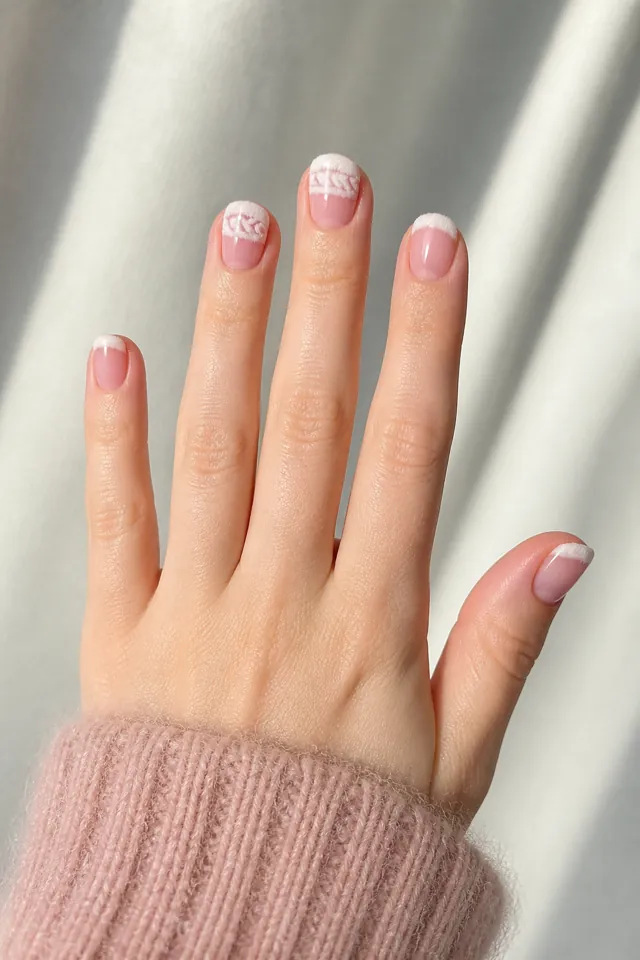 Pale blush pink nails with creamy white fuzzy French tips and raised knit stitches on short round nails, light skin, an open-finger pose, and a pink mohair cuff in natural daylight