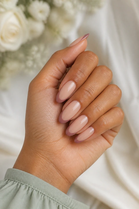 Mauve V French nails on long almond nails with medium tan skin, a sage sleeve, a curled hand pose, and soft natural daylight
