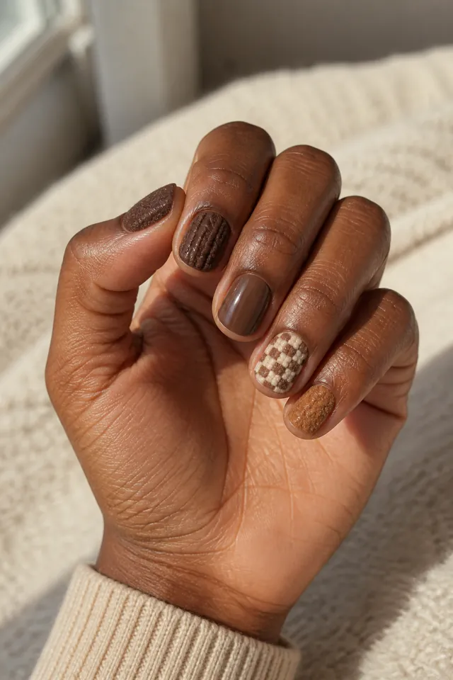 Moss green ribbed sweater nails with cream knit dots on short squoval nails, deep brown skin, a palm-up curled pose, and a cream cuff in natural daylight