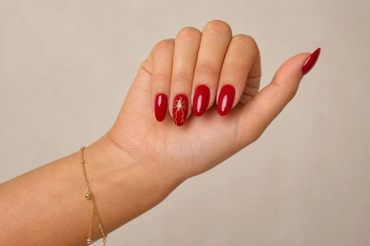 Red Ribbon Bow cute Christmas nails