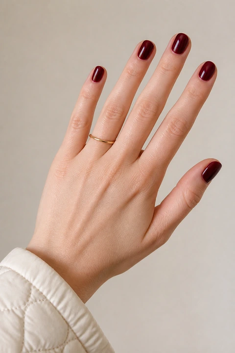 glossy dark cherry red oval nails on a light warm hand with visible wrist