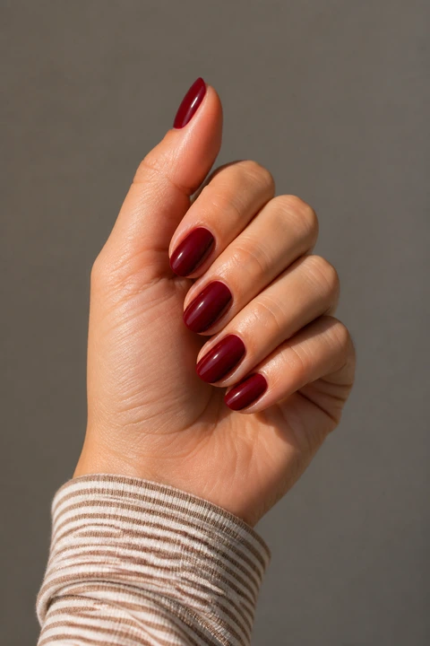 garnet cherry red glossy oval nails on a light olive hand with visible wrist and forearm