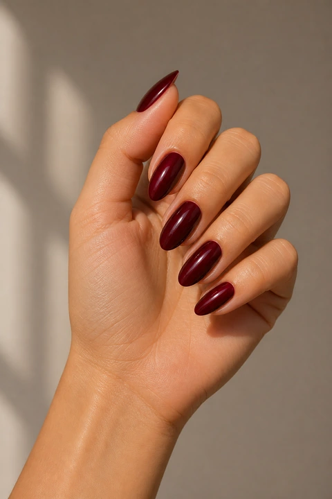 dark cherry red glossy almond nails on a medium skin tone hand with visible connected wrist