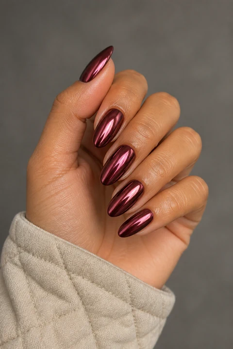 wine chrome dark cherry red almond nails on a medium warm hand with visible wrist and forearm