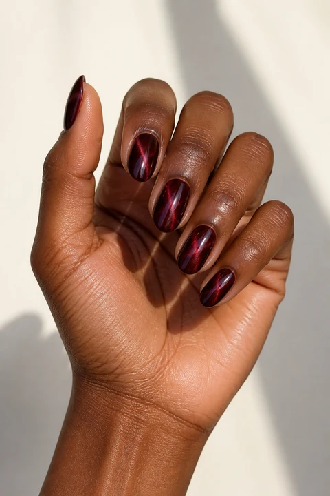 dark cherry red cat eye glossy nails on an olive brown hand with visible connected wrist