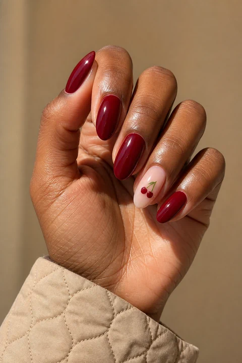 dark cherry red glossy nails with tiny cherry motif on a deep brown hand with visible wrist