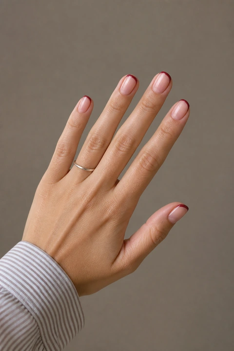 dark cherry micro French tips on short rounded square nails on a deep skin tone hand with visible wrist
