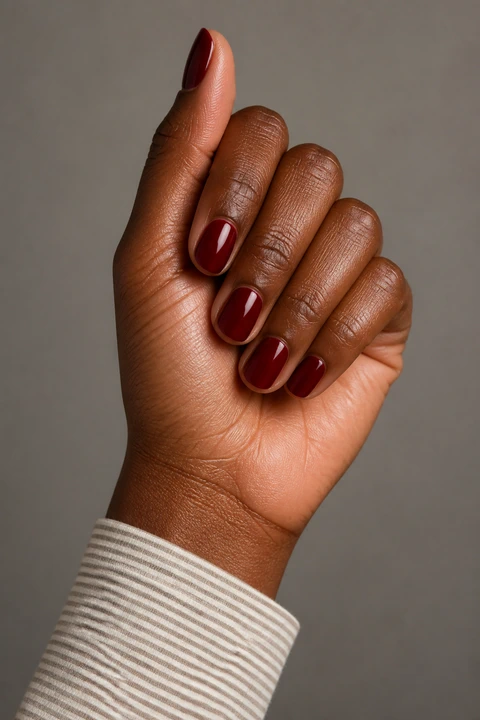 glossy dark cherry red polish on short rounded nails on a rich brown hand with visible wrist