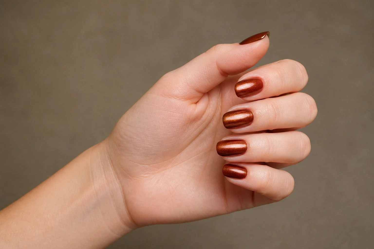 Cinnamon aura finish nails in a curled hand pose with wrist turned outward