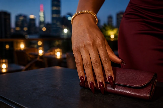 13 long stiletto fall nail inspo on a woman’s full hand.