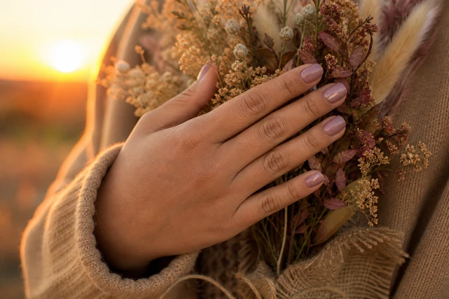 17 soft romantic fall nail inspo on a woman’s full hand.