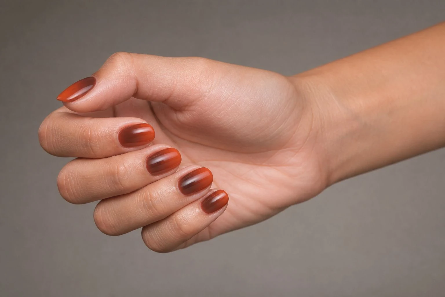 Caramel rust ombre nails in a relaxed curled hand pose