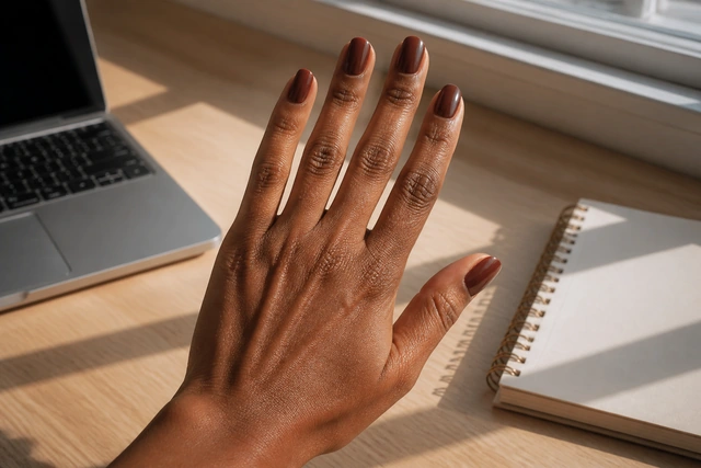 Warm brown fall nails on a woman’s complete hand in a natural everyday setting.