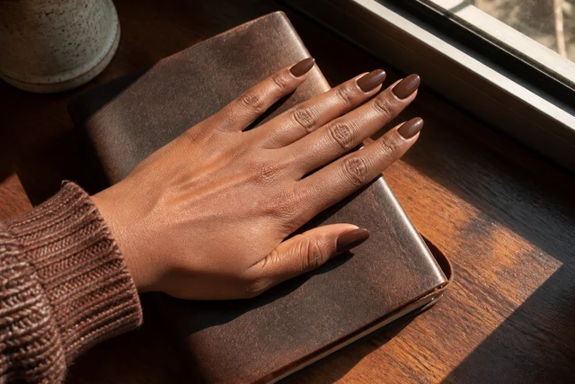 Mocha fall nails on a woman’s complete hand in a natural everyday setting.